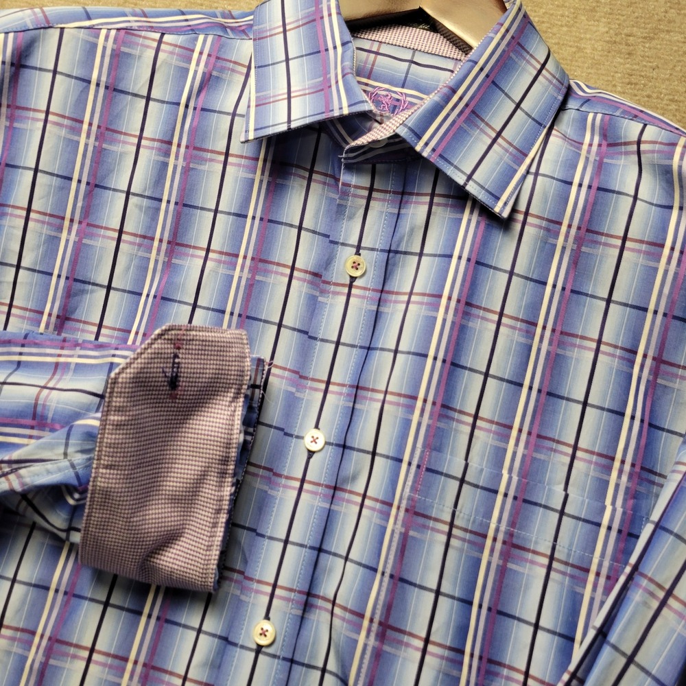 Bugatchi Uomo Button Down Men See dims Blue Purple Plaid Classic Fit Long Sleeve